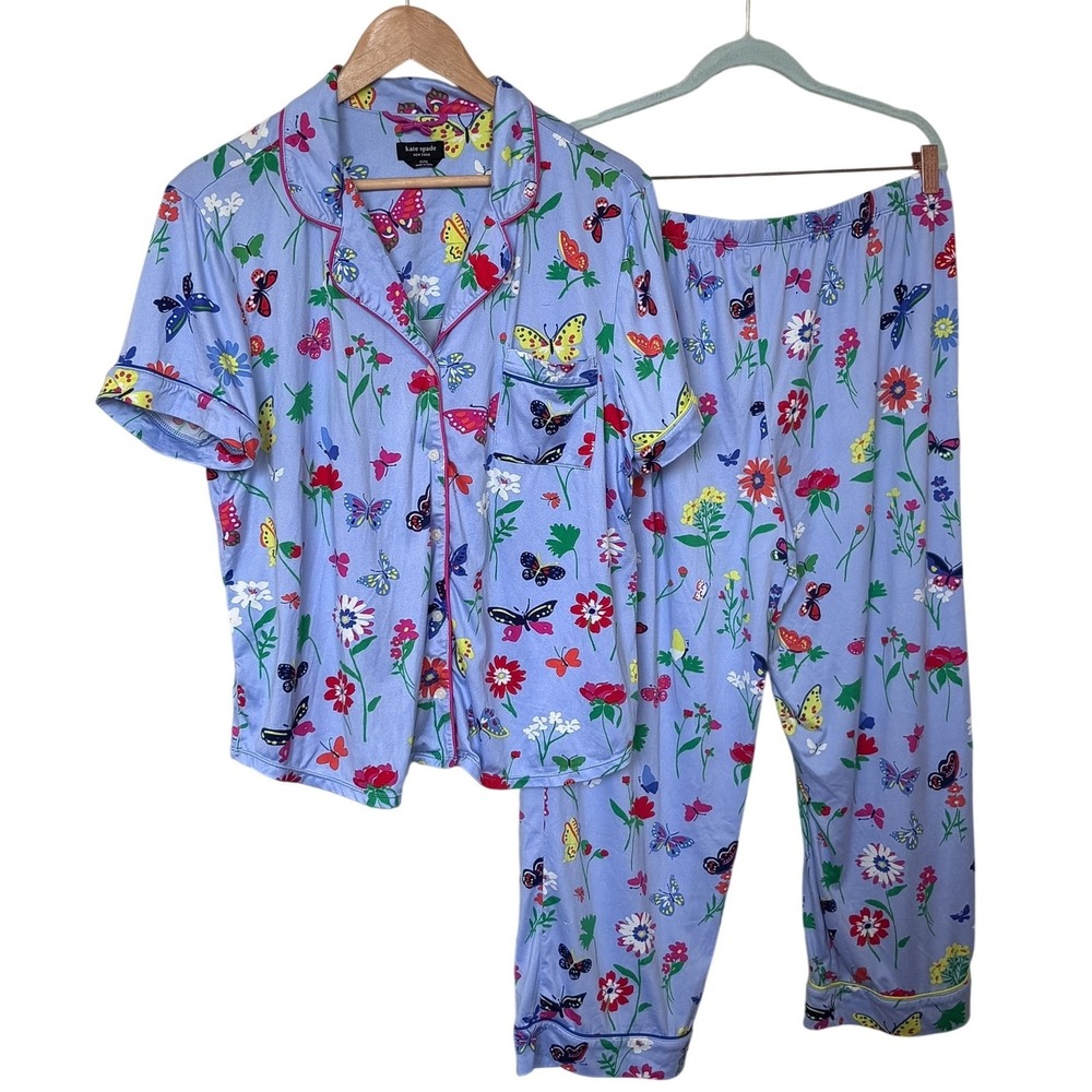 Kate Spade Womens Butterfly Floral Pajama Set XL Blue Short Sleeve Pants PJs